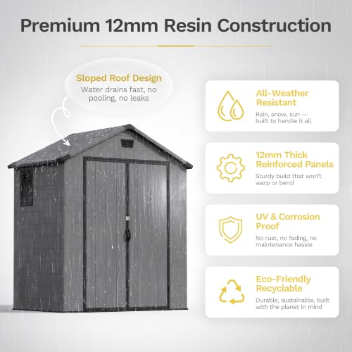 Image of Devoko 6X4 FT Plastic Outdoor Storage Shed with Floor, Dark Gray | Resin Tool Sheds with Lockable Door and Window, Weather-Resistant Garden Shed, Easy Assembly for Backyard, Patio, Lawn