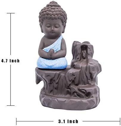 OCIOLI Incense Burner Backflow Tower Cones Sticks Holder Ceramic Porcelain Buddha Monk Ash Catcher Waterfall Incense Burner with 10 backflow Incense Cones (Blue)