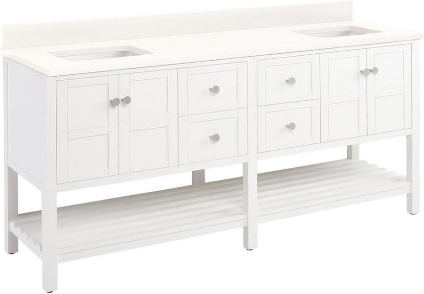 Signature Hardware 470324 Olsen 72" Free Standing Double Vanity Set with Cabinet, Quartz Vanity Top, and Rectangular Undermount Sinks - No Faucet Holes - White/Arctic White