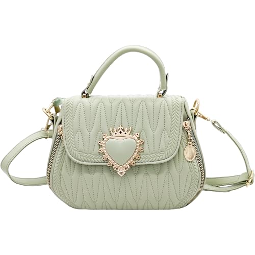 Women Leather Quilted Handbag Top Handle Satchel Bag with Heart Crown Decoration