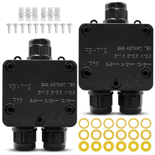 Yonality boîte de dérivation étanche ip68, 2 pièces boite de derivation etanche exterieur, connecteur étanche 3 voies connecteurs boîtier électrique extérieur, pour câble de diamètre 5-15 mm (noir)