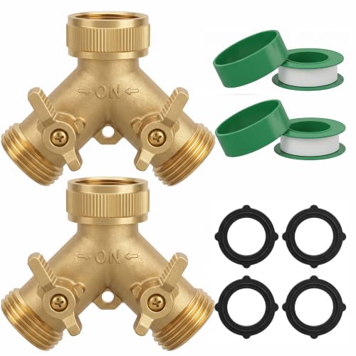 Hourleey Brass Garden Hose Splitter (2 Way), Solid Brass Hose Y Splitter 2 Valves with 2 Extra Rubber Washers (2 PACK)