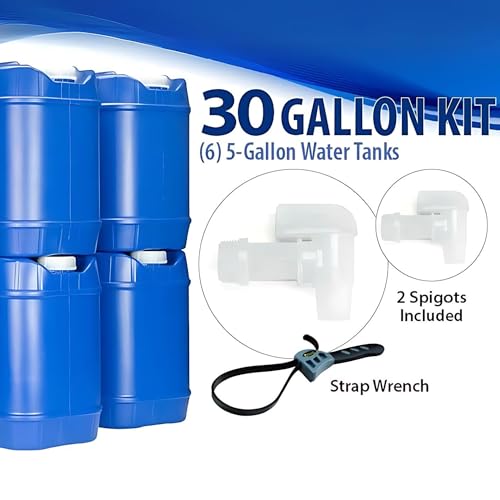 Emergency Water Storage Containers - 5 Gallon Each Water Storage Tank w/Lids + Spigot - Water Storage Container, Emergency Water Container, Survival Storage Tank - Stackable (30 Gallons (6 Tanks))