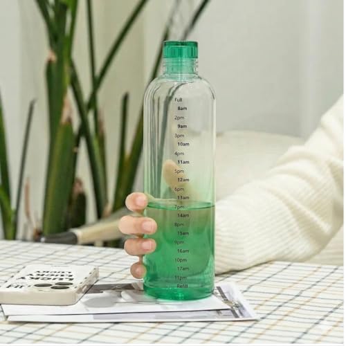 Image of Borosilicate Glass Water Bottles with Cap, Transparent Water Bottle 1000ML Glass Motivational Bottle with Time Marker Cute Glass Milk Juice Drinking Bottles for Women - Green