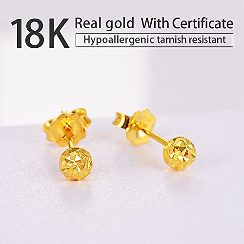 Solid 18K Gold Ball Stud Earrings For Women Real Gold, Dainty Diamond-Cut Yellow Bead Push Back Tiny Gift For Girls, Rose Gold With Certificate Fine Bride Jewelry Birthday Wedding Prom Party, 5Mm #TOP1
