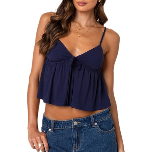 Women Y2k Flowy Ruffle Hem Cami Tank Top Casual Solid Color Deep V Neck Sleeveless Peplum Camisole Summer Beachwear