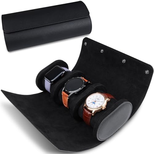 RoYiio Boîte à montres cylindrique à 3 emplacements - Étui de voyage vintage pour hommes et femmes - Version améliorée