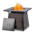 OutVue 28 inch Wicker Propane Fire Pit Table,Gas Fire Pits Table for Outside,50000 BTU Propane Firepit with Lid &Lava Rocks,Gas Firepit for Garden,Yard (Brown Rattan)
