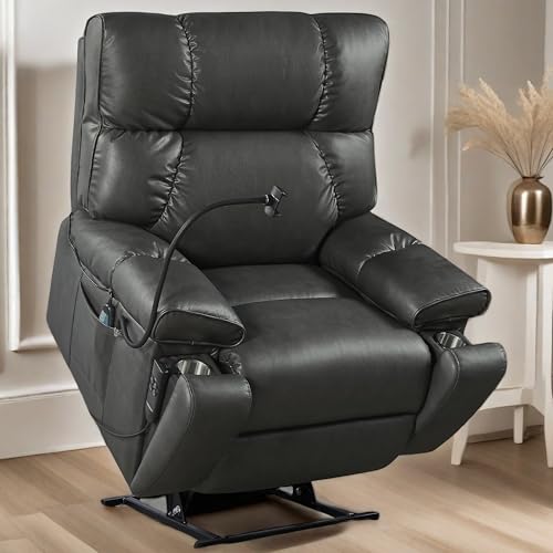 ChicFurnit Recliner Chairs for Adults, Electric Power Lift Recliner Chair with Phone Holder, Massage Chair with 2 Motors and Heat for Elderly, 2 Side Pockets and Cup Holders,Gray