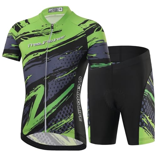 SXSHUN Enfant Garçon Maillots de Cyclisme Fille Séchage Rapide Maillots à Manches Courtes&Shorts de vélo avec Coussin d'Assise 3D Respirant Vêtements de...