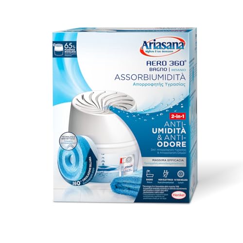 Ariasana Aero 360° Bagno Kit Assorbiumidità, deumidificatore casa non elettrico, assorbi umidità contro condensa, muffa e cattivi odori, 1 dispositivo e 1 ricarica in Tab da 450g