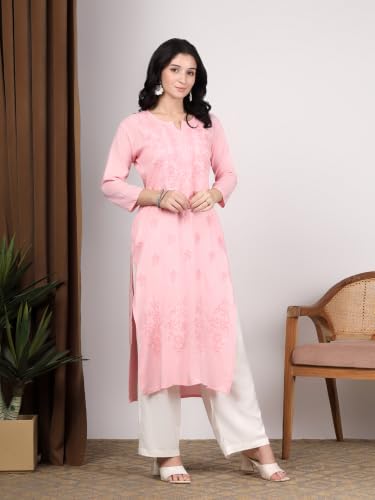 Image of Women Pink Ethnic motifs Embroidered Lucknowi Chikankari Long Kurti