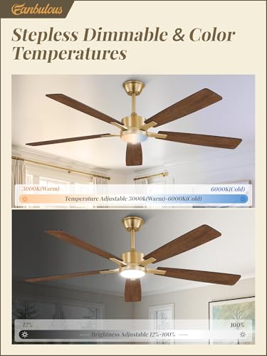 Image of Fanbulous 60 Inch Black and Gold Ceiling Fans with Lights and Remote, Stepless Color Temperature Change & Dimmable 20W LED Ceiling Fan, 6 Speeds Reversible Quiet DC Motor for Bedroom, Living Room