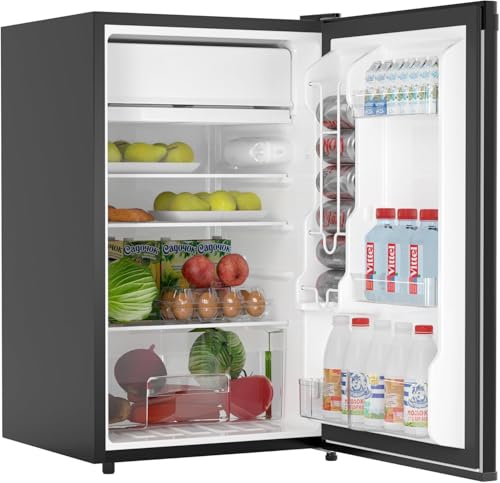 Image of Jojoka 4.3 Cu.ft Mini Fridge with Freezer, Single Door Small Refrigerator with Slide Out Glass Shelves, Compact Refrigerator for Bedroom, Office, Dorm