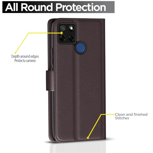 Image of Pikkme Flip Cover Leather Finish | Inside TPU with Card Pockets | Wallet Stand and Shock Proof | Complete Protection Button Flip Case for Realme C12 / Realme Narzo 20 / Narzo 30A / Realme C25 (Coffee)