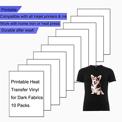 Printable Heat Transfer Vinyl Paper for Inkjet Printers, Iron-On Dark T-Shirt Fabric HTV Transfers A4 Size, Pack Of 10 Sheets