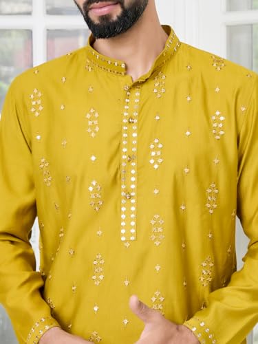 Image of See Designs Men's Full Sleeve Mandarin Collar Sequins Embroidered Straight Long Kurta - Festive Collection