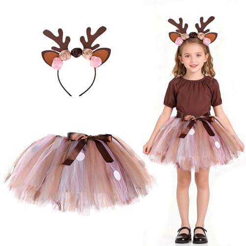 Hifot Disfraz de Reno para Niña, Falda Tutú y Diadema, Disfraz para Navidad Halloween Carnaval Cosplay Fiesta