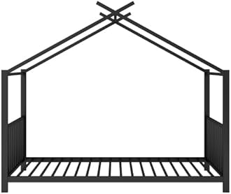 Twin Size House Floor Bed, Metal Montessori Frame with High Safety Fence & Slats, No Box Spring Needed, Easy Assembly for Kids Room, Multifunctional Design for Boys & Girls, Black