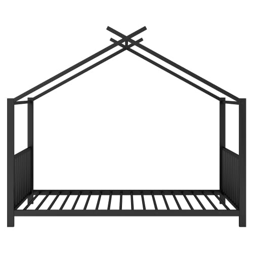 Twin Size House Floor Bed, Metal Montessori Frame with High Safety Fence & Slats, No Box Spring Needed, Easy Assembly for Kids Room, Multifunctional Design for Boys & Girls, Black