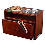 Elevated Dog Bowl Raised Pet Feeder Stand Upgraded Wooden Dog Feeding Station with Storage Drawer for Medium Large Pets with 2 Stainless Bowls and Waterproof Pad (Need Assemble)
