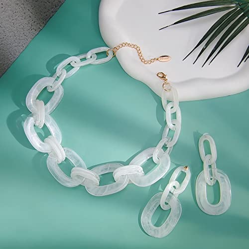 Bocar Acrylic Chunky Statement Necklace for Women Cube Link Chain Collar Necklace and Hoop Earrings Costome Jewelry Set (NK-10667-White) by Bocar - Used condition - Image 2