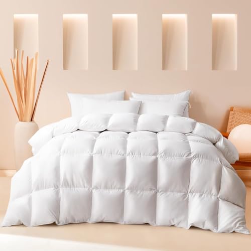Image of LINENWALAS Feather Comforter Single Size, 50% Goose Duck Down & 50% Feather Warm Duvet Special for Winter Quilt Fluffy Blanket (White, 60 x 90 Inches)