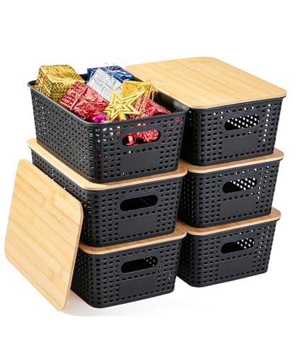 BAMBOO LAND- Plastic Storage Baskets with Bamboo Lid, 6 pcs,