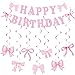 Produktbild Geburtstag Girlande mit Rosa Schleife, Happy Birthday Banner Geburtstagsdeko mit Rosa Schleife, Geburtstag Party Deko für Mädchen Frauen Kindergeburtstag