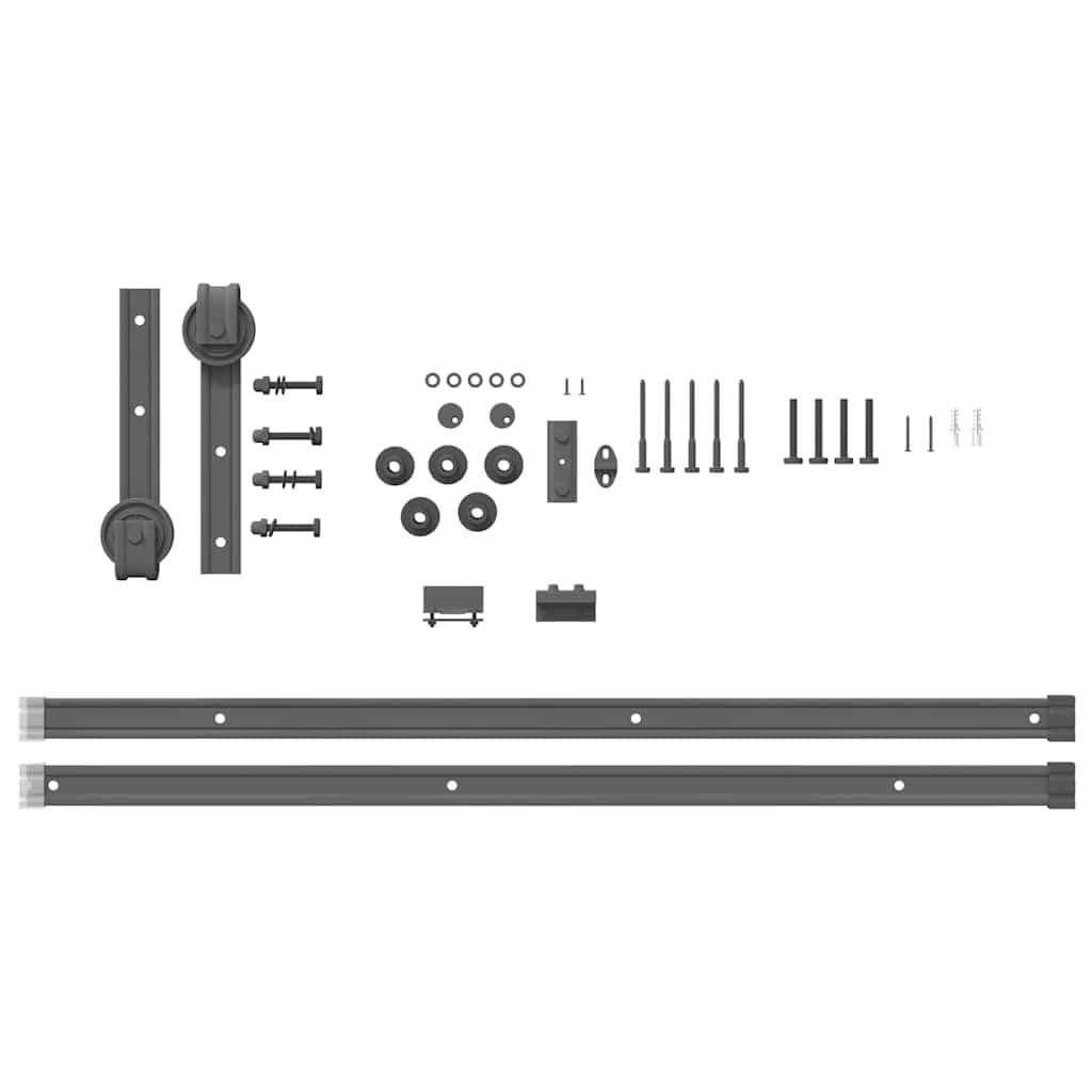 Juego de herrajes para puerta corredera de 200 cm de acero con recubrimiento en polvo negro con tope de puerta y guía de suelo para puertas de habitaciones, montaje, seguridad y apertura silenciosa