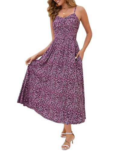 Image of Annebouti Women 2026 Summer Spring Ruched Maxi Dress Adjustable Spaghetti Strap Floral Beach Long Sundress with Pockets