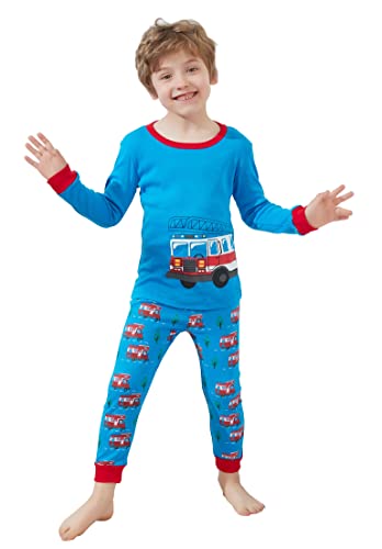 Pyjama Garçon Camion de Pompiers 100% Coton Manches Longues Hiver Chaud Ensemble de Pyjamas Garçon Vêtement de Nuit ,Bleu,5-6 ans Cover