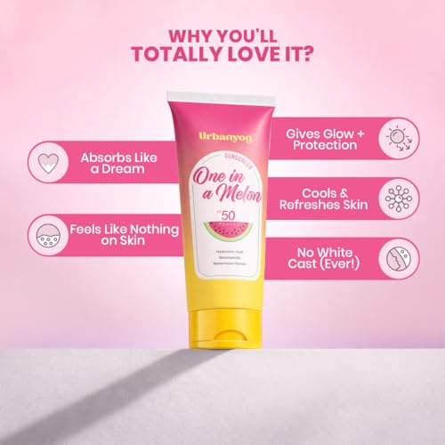 Image of Urban Yog One in Melon Sunscreen SPF50 PA++++ | Watermelon Cooling | Non-Greasy, Water Resistant | Lightweight, No White Cast | All Skin Types | 50g
