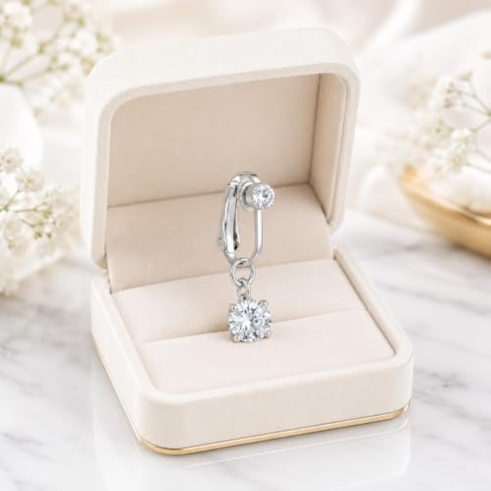 Fake Silver Belly Navel Ring with Crystal Dangle for Women