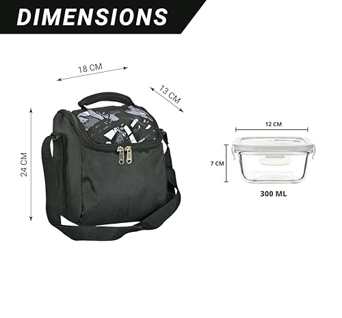 Image of Femora Borosilicate Glass Container Lunch Box with Bag for Office, School, Black, Square, 300 ML (2 Container+ 1 Bag)