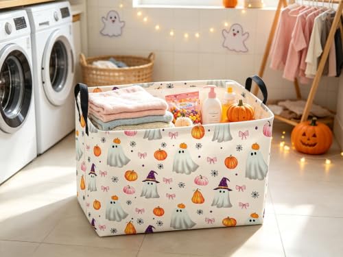 Image of Sanjiaofeng Rectangular Pink Halloween Ghost Storage Basket,Trick or Treat Halloween Basket,Halloweens Party Candy Gift Baskets(Pink Pumpkin)