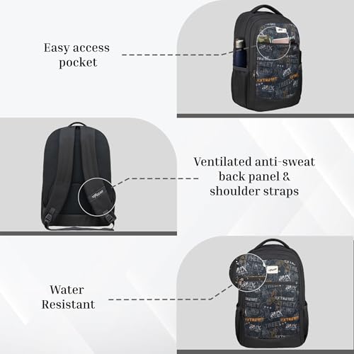 Image of F Gear Arashi Black 35L School Backpack|4 Compartments, 1 Front Pocket & water Bottle Holders|Laptop Sleeve|Ergonomic, Lightweight & Durable Design|Ideal for School, College, Work, Travel & Daily Use