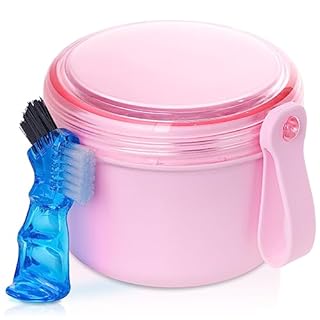Denture Case, Leak Proof Denture Bath Cup for Travel, Denture Container Cups for Soaking Full & Partial Dentures, Retainers, Denture Cleaning Kit Holder Box with Denture Cleaner Brush-Pink