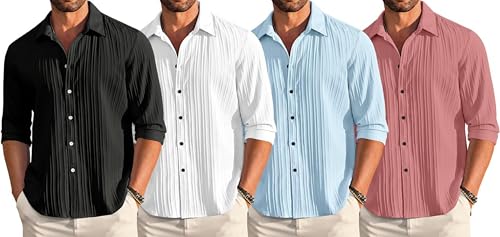 Image of FINIVO FASHION Combo of Men's Casual Cotton Plain Button Down Shirt Long Sleeve Textured Summer Beach Shirt for Men Pack of 4