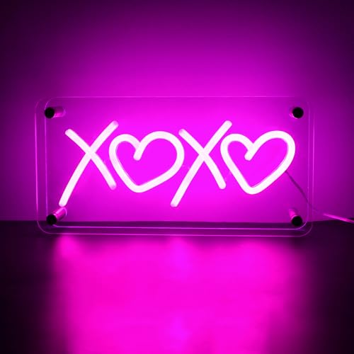 Image of ENUOLI XOXO Neon Sign, USB Powered Neon XOXO Neon Signs Light Dimmable LED Pink XOXO Signs Double-Layer Acrylic Neon for Home Bedroom Bar Club Pub Party Wall /Table Art Decoration Party Night Light Birthday Gift