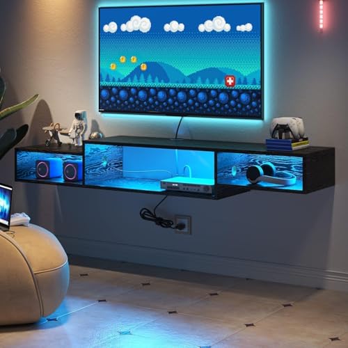 4 EVER WINNER Floating TV Stand with Power Outlet, 59'' Floating TV Shelf with LED Lights and...