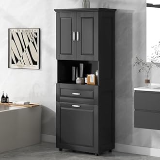 SOFTSEA 69" Tall Tilt-Out Laundry Hamper, Tall Bathroom Storage Cabinet with Tilt-Out Laundry Hamper Basket, Bathroom Cabinet with Two Doors, Drawer and Open Shelf, Black