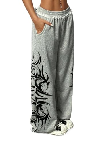 Y2k Wide Leg Baggy Grunge Double Waisted Drawstring Sweatpants Streetwear Women Emo 2000s Star Pants (Flame Gray Large)