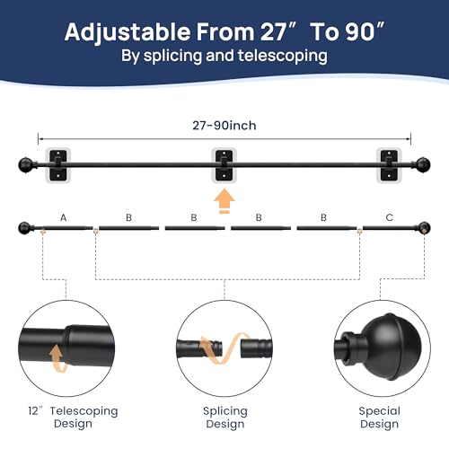 ENJOYBASICS No Drill Curtain Rods for Window 48 to 84 Inches, 5/8 Inch Diameter Renter Friendly Drapery Rod with Adhesive Brackets without Drilling, Adjustable from 27 to 90 Inches, Black - Thumbnail 4