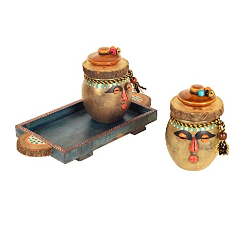 Image of AAKRITI ART CREATIONS Happy Tribals Storage Jars and Handcrafted Tray S03 | Handcrafted Abstract Art Storage Jars | Kitchen Decoration Items Stylish Tray & Jars | Kitchen Containers