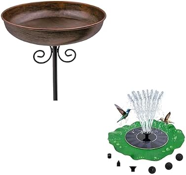 Small Metal Bird Bath for Outdoors, 10" Dia Bowl with Stake Birdbaths+Solar Bird Bath Fountains Pump with Lotus Leaf Design Garden Yard Lawn Decor 0.4 Gallon
