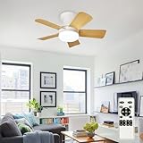 Depuley Modern Ceiling Fan with Light: 25-Inch White Small Fans for Bedroom Indoor Outdoor - Dimmable Low Profile Ceiling Fans with Remote Control Flush Mount 5 Reversible Wood Blades 6 Speeds Timer