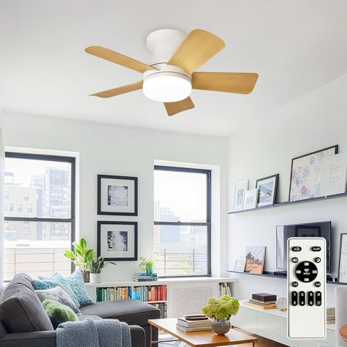 Image of Depuley Modern Ceiling Fan with Light: 25-Inch White Small Fans for Bedroom Indoor Outdoor - Dimmable Low Profile Ceiling Fans with Remote Control Flush Mount 5 Reversible Wood Blades 6 Speeds Timer