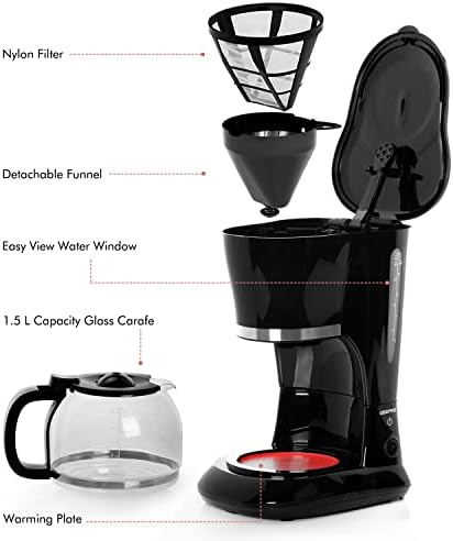 GEEPAS 1.5L Filter Coffee Machine | 800W Coffee Maker for Instant Coffee, Espresso, Macchiato & More | Boil-Dry Protection, Anti-Drip Function, Automatic Turn-Off Feature (Standard)  2 Year Warranty