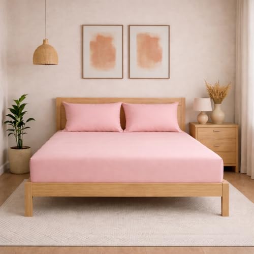 Image of THE HOME STYLE Solid Plain Cotton Feel Fitted Bedsheet (72x78 inches) with Reversible Comforter (90x100 inches) | King Size | 2 Pillow Covers | 300 TC | 4-Piece Bedding Set (Peach)